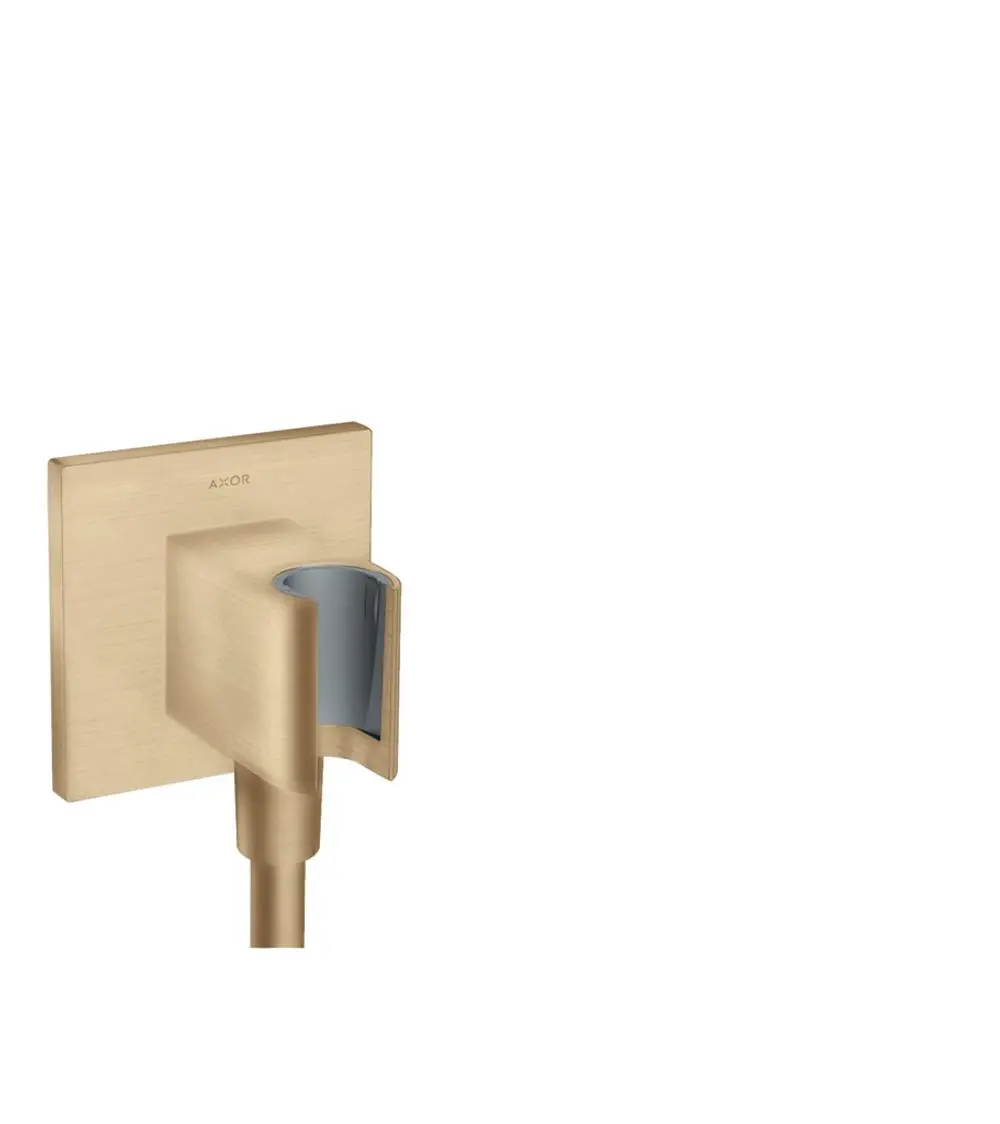 Wandmontierte AXOR-Portereinheit in gebürstetem Bronze-Finish mit einer eckigen Form und einem integrierten Auslass für die Dusche.